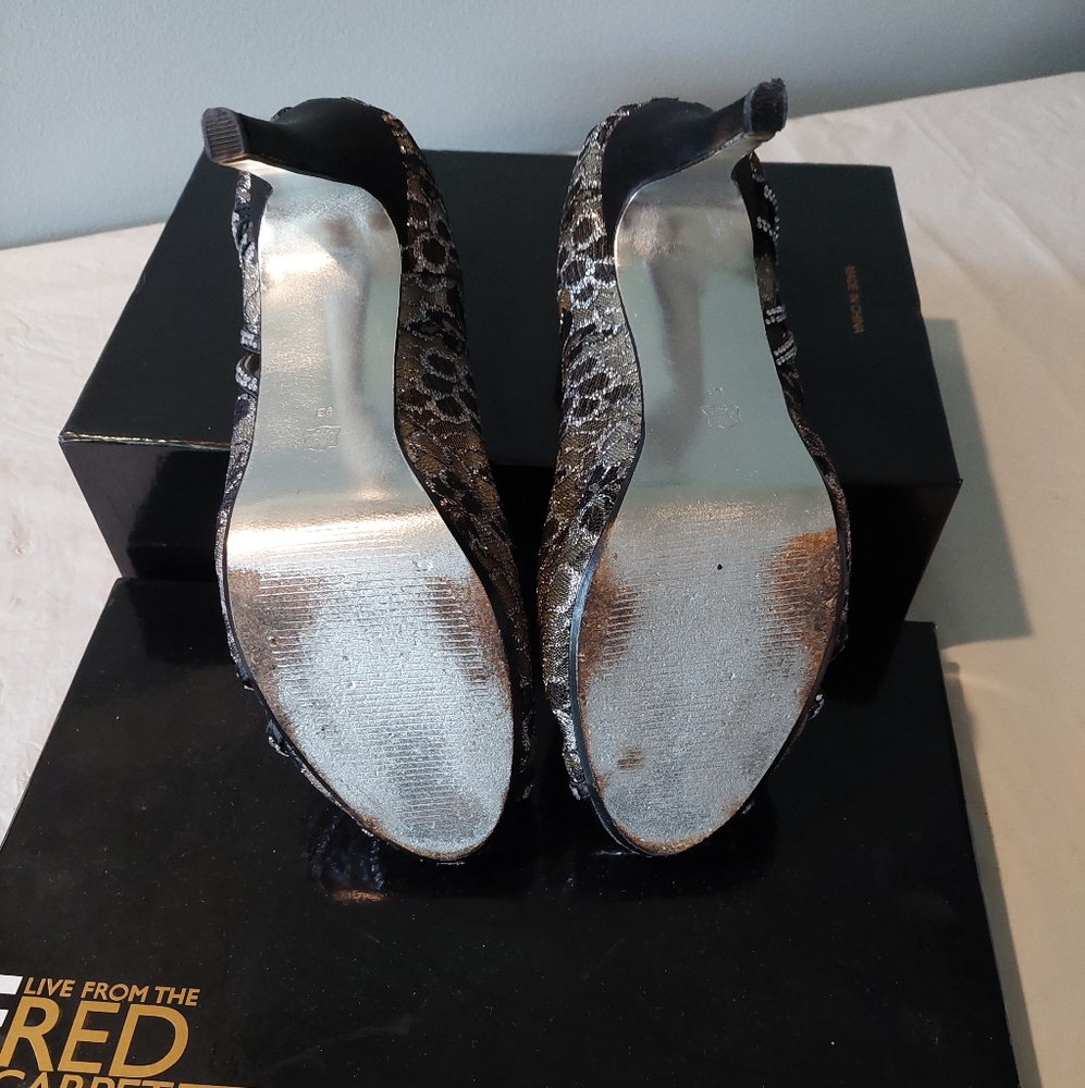 E Live from the Red Carpet Shoes Black&Silver Lace Med Size 9 - Picture 2 of 8